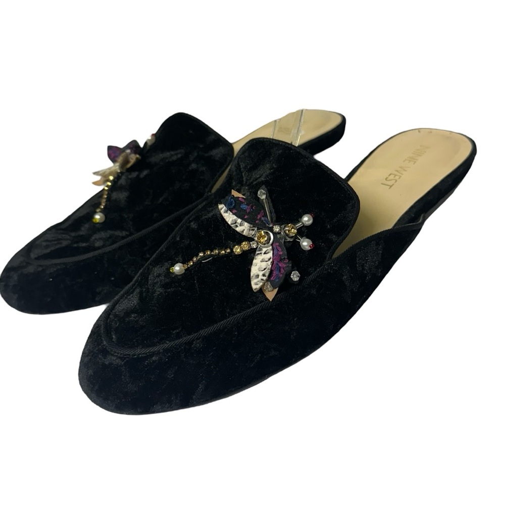 Nine West Bonnelyn Black Crushed Velvet Dragonfly Slip On Flat Mules Shoes Sz 7